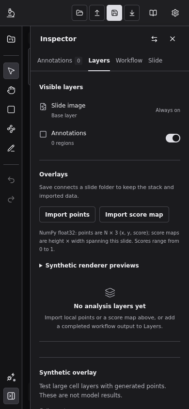 The narrow Layers inspector shows the empty analysis state and its import or workflow-output recovery actions.