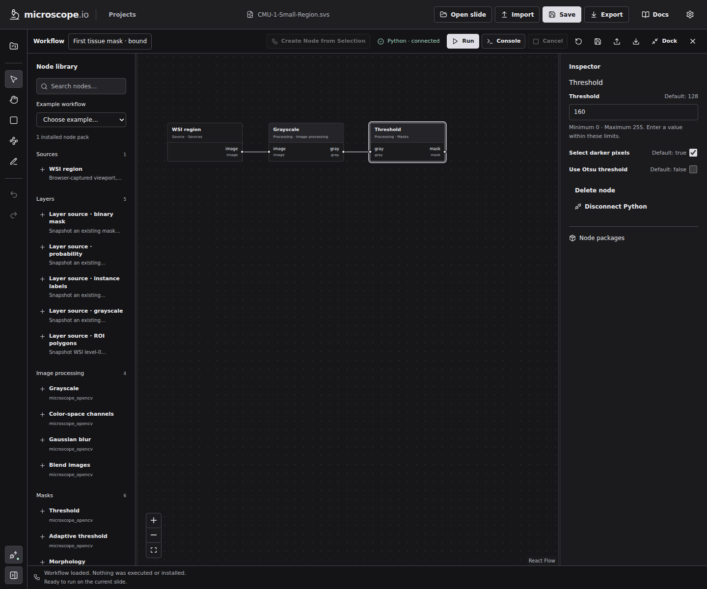 Threshold selected with its schema default, range guidance, darker-pixel control, and optional Otsu parameter in the inspector.