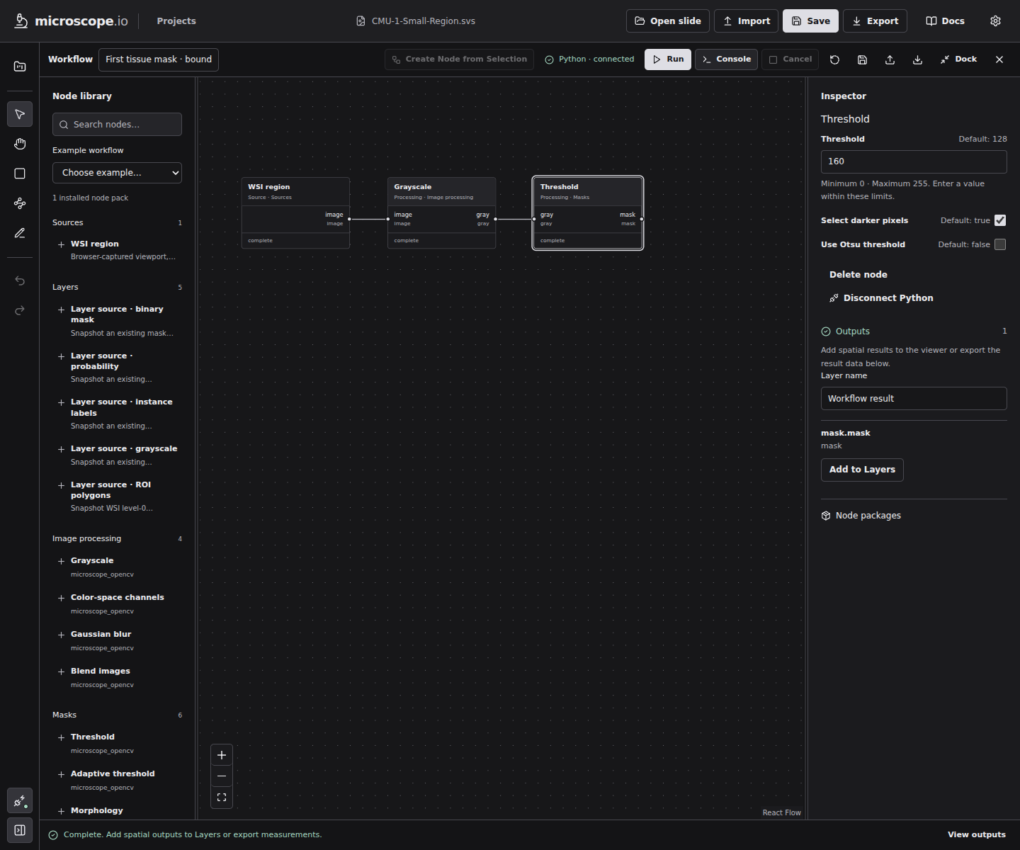 A completed local run shows each node's state, the spatial output, and the Add to Layers action.